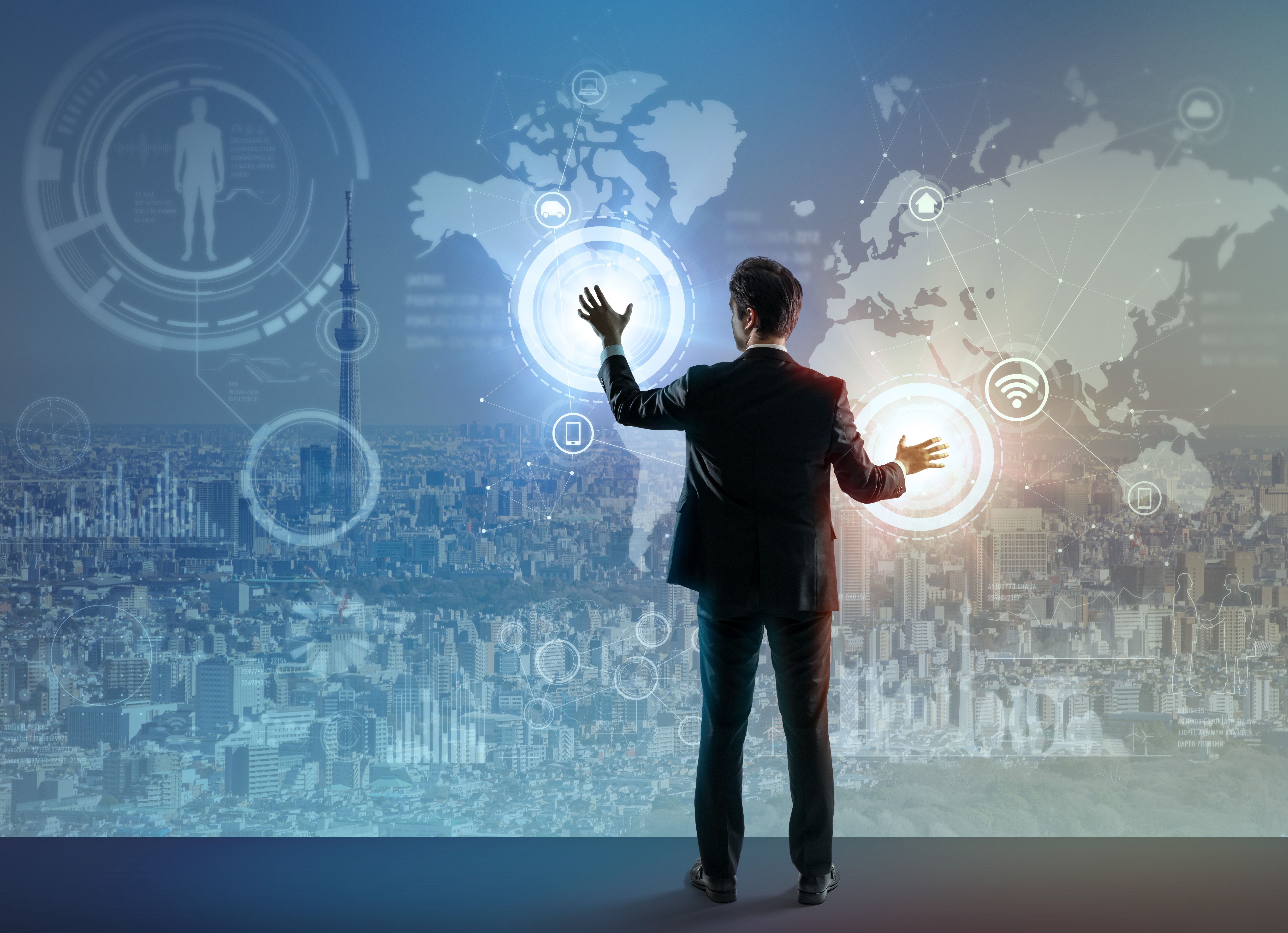 Artist's rendering of a man using futuristic technology