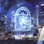 Lock Icon Hologram On City View With Skyscrapers Background Multi Exposure Data Security Concept