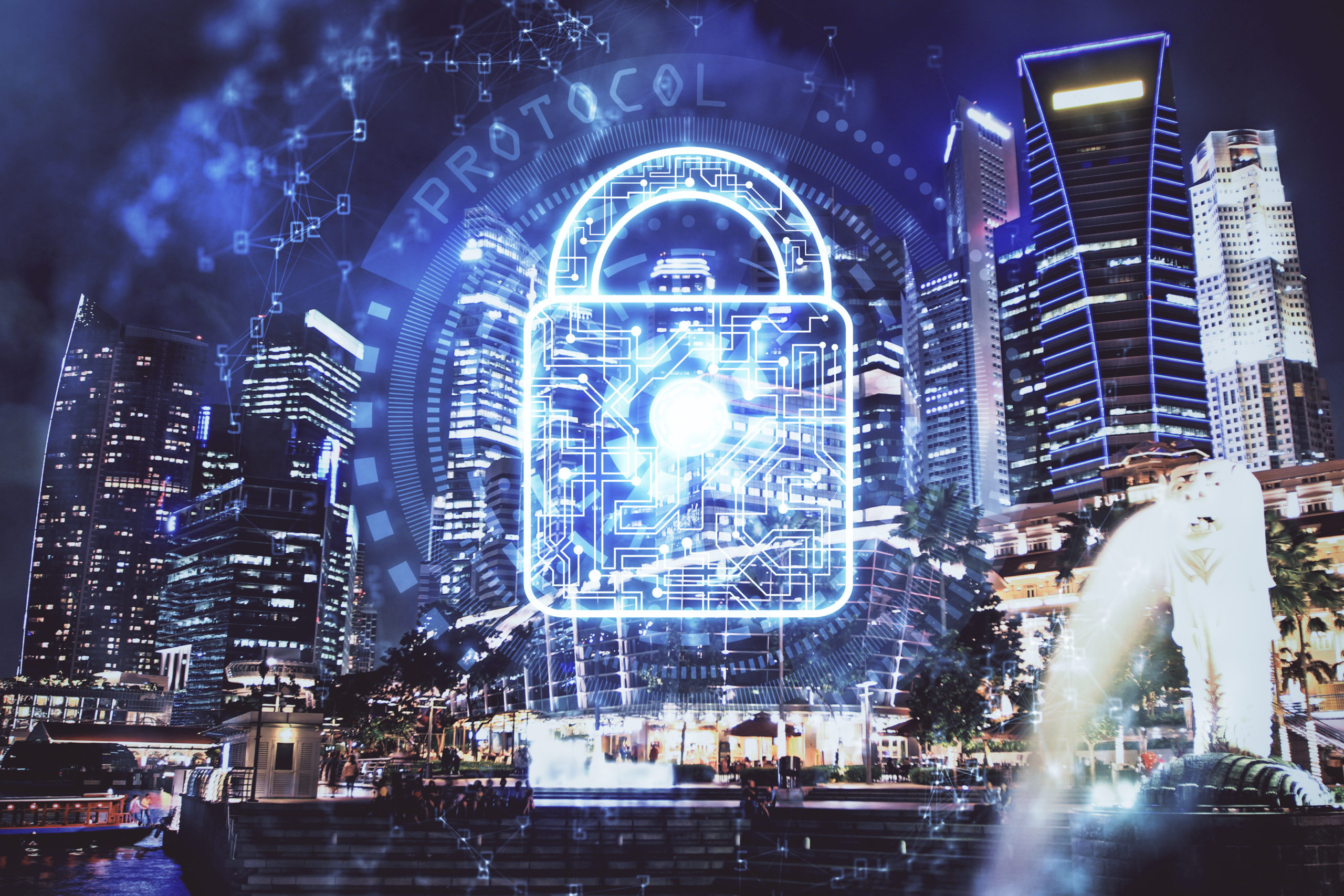 Lock Icon Hologram On City View With Skyscrapers Background Multi Exposure Data Security Concept 