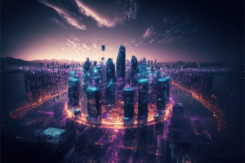 Smart City At Night, Application Development Concept, Smart City