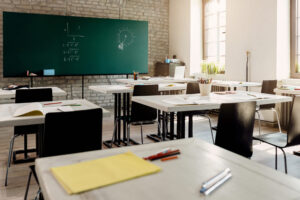Empty classroom with no people during coronavirus epidemic.
