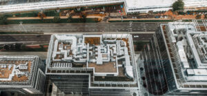 Aerial view of HVAC system on the roof top. Complex air conditioning system with pipes on the top of the office building.
