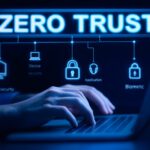 Zero Trust Security and Cyber Protection Concept. Business professional using laptop with "Zero Trust" icons, advanced cybersecurity measures, data protection, and access restriction protocols