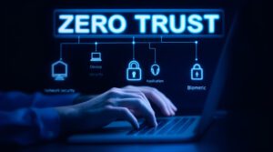 Zero Trust Security and Cyber Protection Concept. Business professional using laptop with "Zero Trust" icons, advanced cybersecurity measures, data protection, and access restriction protocols