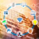 Smart Building and Internet of Things concept. Smart building management icons on Double exposure of office building and abstracy digital connection background.