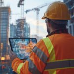 Construction Worker Reviews Digital Building Plans on Tablet, Modern Technology Improves Efficiency on Site
