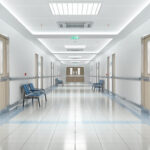 Long hospital bright corridor with rooms and blue seats 3D rendering