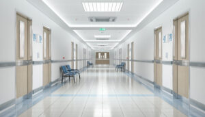 Long hospital bright corridor with rooms and blue seats 3D rendering