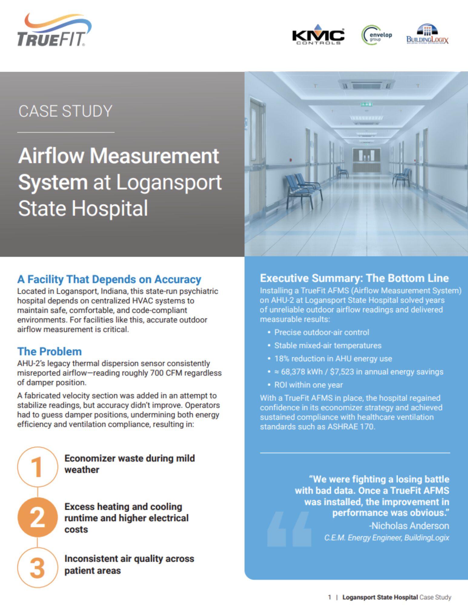 Full-page case study document for the TrueFit Airflow Measurement System at Logansport State Hospital, detailing energy savings and improved air quality compliance.