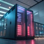 High-tech server room with rows of data center cabinets illuminated by blue and pink LED lighting.