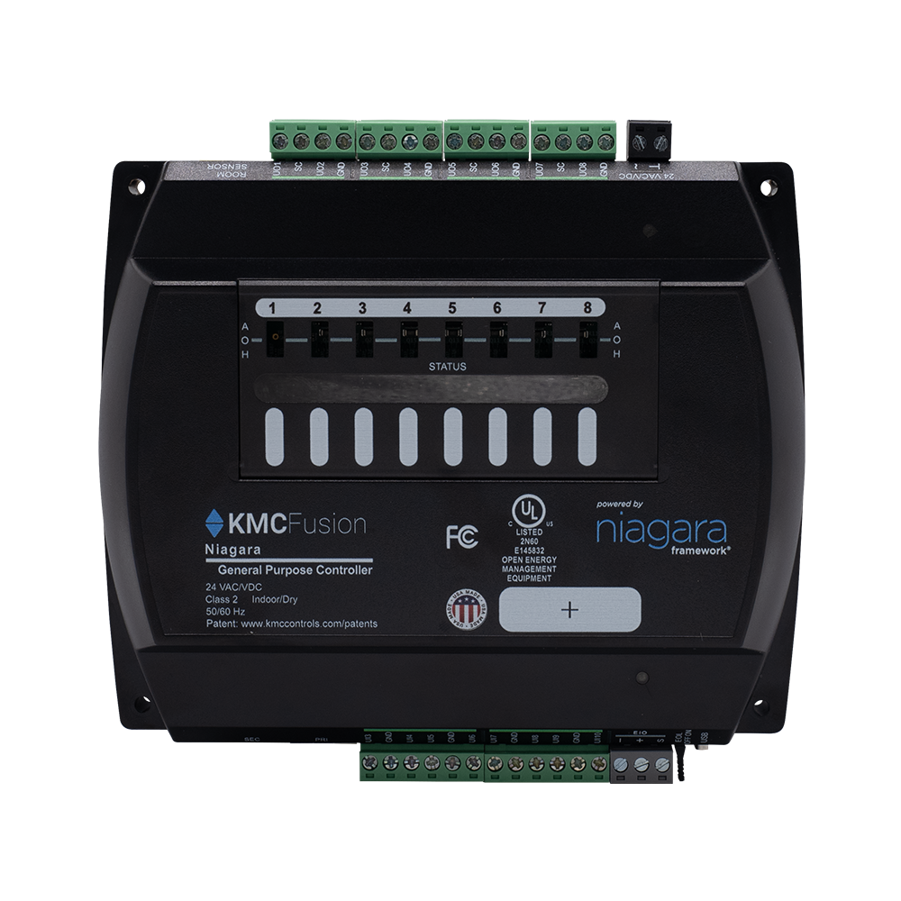 High-resolution front view of the KMC Fusion Niagara General Purpose Controller with visible input/output terminal blocks and status LEDs.