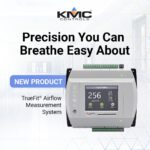 Promotional graphic for the KMC Controls TrueFit Airflow Measurement System featuring a digital controller display and "Precision You Can Breathe Easy About" slogan.