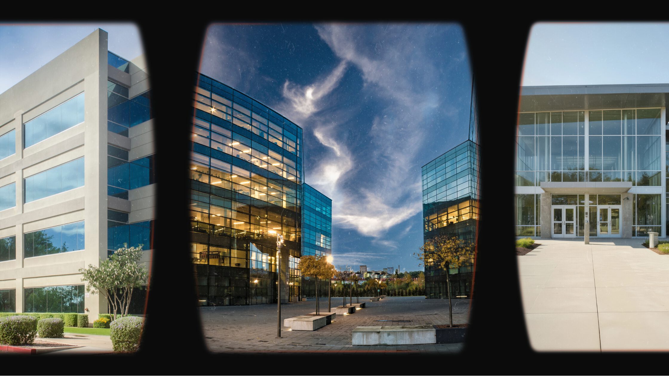 Untitled design (28) Collage featuring three different views of modern glass office buildings and commercial facilities during the day and twilight.