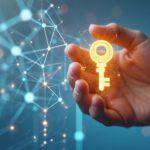 Glowing orange key held between fingers with a digital network of nodes and lines in the background, symbolizing cybersecurity.