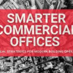 Book cover: 'Smarter Commercial Offices' over a city aerial with a red overlay and subtitle 'Practical Strategies for Modern Building Operations'