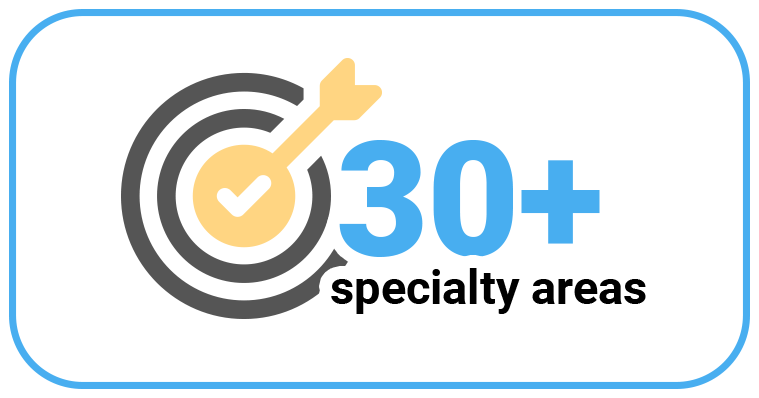 card_30plus Logo with a target and key, plus the text '30+ specialty areas'