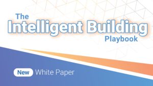 Banner for 'The Intelligent Building Playbook' with geometric line background and blue title typography, indicating a new white paper