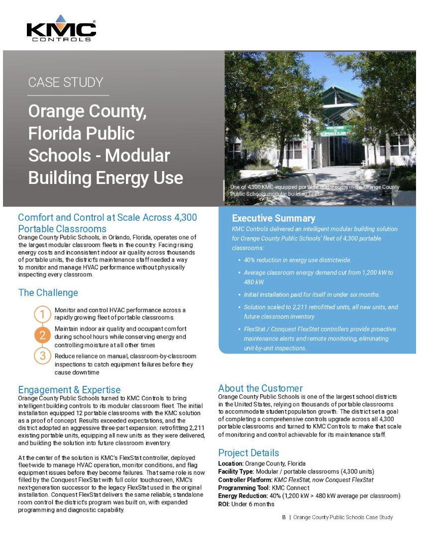 Screenshot 2026-08-18 112415 Case study cover: Orange County, Florida Public Schools—Modular Building Energy Use, with a building photo on the right and summary text on the left.