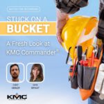Promo poster for a recording titled 'Stuck on a Bucket: A Fresh Look at KMC Commander' with two speaker headshots and a tool belt.