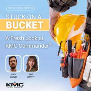 Promo poster for a recording titled 'Stuck on a Bucket: A Fresh Look at KMC Commander' with two speaker headshots and a tool belt.